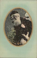 Santa Claus Walking in Snow with Christmas Tree and Sack, Xmas Wishes Postcard