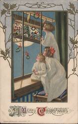 Girls Watching Santa Claus Fly an Airplane Delivering Christmas Gifts Postcard