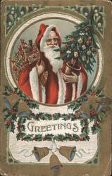 Santa Claus with Christmas Tree & Toys, Holly & Bells Greetings Postcard