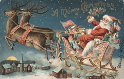 Santa Claus in Sleigh with Reindeer Flying Over Snowy Village Postcard