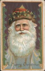 Santa Claus with Holly Wreath & Fur Hat, A Merry Christmas Greeting Postcard
