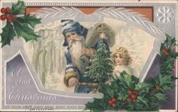 A Glad Christmas Santa Claus, Angel & Holly Postcard