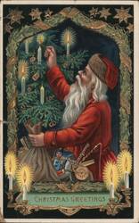 Santa Claus Decorating Christmas Tree with Candles and Toys, Christmas Greetings Postcard