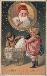 Santa Claus Writing List, Two Girls with Doll Carriage, Christmas Wishes Postcard