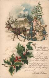 Santa Claus Sleigh Ride with Child & Reindeer, Christmas Tree & Cabin Postcard