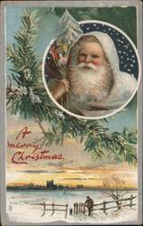 Santa Claus in Vignette with Pine Boughs, Winter Landscape Postcard