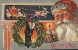 Santa Claus with Reindeer Sleigh, Christmas Wreath, Candle, Christmas Joys Postcard