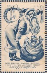 Santa Claus Peeking Through Keyhole with Toys, Merry Christmas Postcard