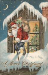 Santa Claus Delivering Toys & Child to Snow-Covered House Postcard