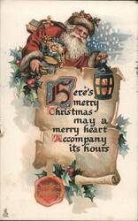 Santa Claus with Toys, Holly, and Christmas Greeting Postcard