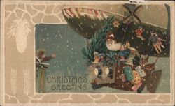 Santa Claus Flying Blimp Sleigh Christmas Greeting Postcard