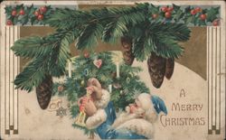Santa Claus with Toy Soldier, Christmas Tree & Pine Boughs Postcard