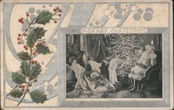 A Merry Christmas with Santa Claus and Children by Christmas Tree Postcard