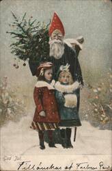 Santa Claus with Christmas Tree and Two Children in Snow Postcard
