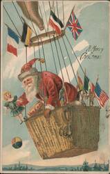 Santa Claus in Hot Air Balloon with International Flags, Merry Christmas Postcard