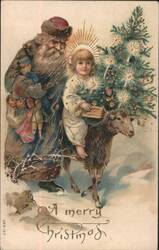 Santa Claus, Angelic Child & Sheep with Christmas Tree "A Merry Christmas" Postcard