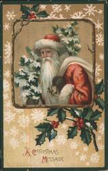 Santa Claus with Holly & Snowflakes, A Christmas Message Postcard