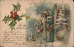 Santa Claus with Christmas Tree, Deer, and Holly in Snowy Scene Postcard
