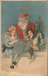Santa Claus with Children Reading Book, Christmas Tree Postcard