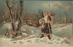 Santa Claus in Snowy Landscape with Gifts and Christmas Tree Postcard