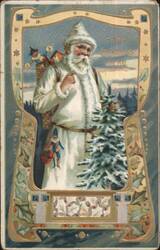 Santa Claus with Christmas Tree and Elves, Ornate Border Postcard