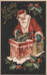 Santa Claus Putting Toy Train & Soldier Down Chimney, Christmas Greetings Postcard