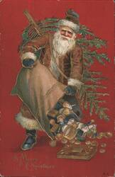 Santa Claus with Sack of Toys & Christmas Tree Branch Postcard