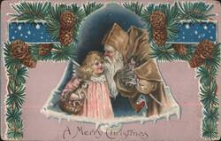 Santa Claus with Girl, Dog, and Dolls, A Merry Christmas Postcard