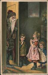 Santa Claus Peeking at Children on Christmas Postcard