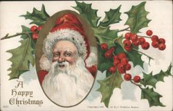 Santa Claus Portrait with Holly and Berries, A Happy Christmas Postcard