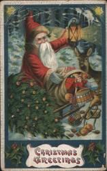 Christmas Greetings Santa Claus with Reindeer, Lantern & Tree Postcard