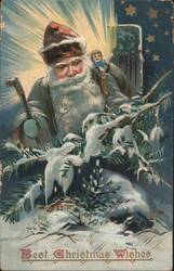Santa Claus with Child & Staff in Snowy Winter Scene, Best Christmas Wishes Postcard