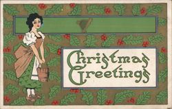 Christmas Greetings with Woman, Holly, Berries, and Harp Postcard