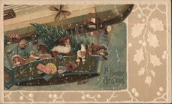 A Happy Christmas Dirigible with Santa, Elves, and Gifts Postcard