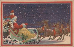 Santa Claus Sleigh Ride with Reindeer and Children on Christmas Night Postcard
