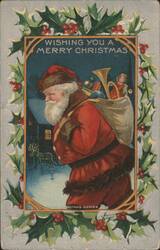 Santa Claus with Sack of Toys and Child, Wishing You a Merry Christmas Postcard