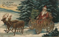 Santa Claus in Sleigh Pulled by Deer, Snowy Christmas Scene Postcard