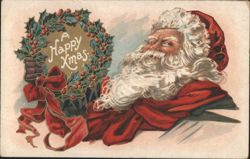 Santa Claus with Holly Wreath "A Happy Xmas" Greeting Postcard