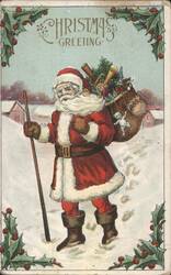 Santa Claus Christmas Greeting in Snowy Landscape with Toys Postcard