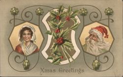 Christmas Greetings with Santa Claus, Woman, and Holly Postcard