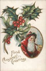 Fond Christmas Greetings with Santa Claus and Holly Postcard