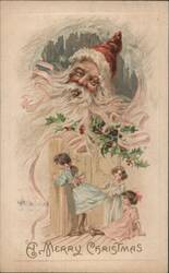 Santa Claus with Children Peeking at Door, A Merry Christmas Postcard