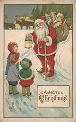 Santa Claus with Children in Snow, A Joyful Christmas Postcard