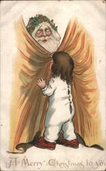 Santa Claus Peeking at Child in Pajamas, Christmas Greeting Postcard