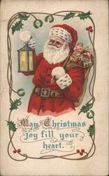 Santa Claus with Lantern and Sack of Toys, Christmas Greeting Postcard