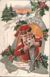 Santa Claus Smoking Pipe with Sister's Delight Box, A Merry Xmas Postcard