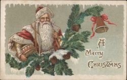 Santa Claus with Drum, Christmas Bell, and Pine Branches Postcard
