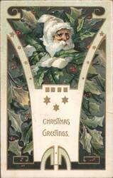 Santa Claus with Holly & Berries, Christmas Greetings Postcard