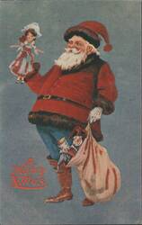 Santa Claus with Doll and Bag of Toys, A Merry X-Mas Postcard