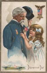 Decoration Day Veteran & Girl Pinning Rose to Uniform Postcard